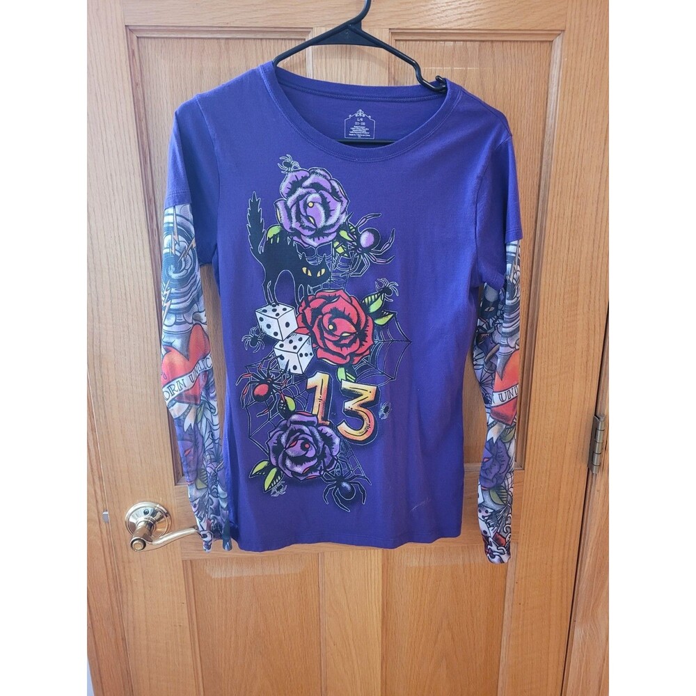 NWOT Halloween Purple graphic long sleeve with mesh sleeves Sz Large